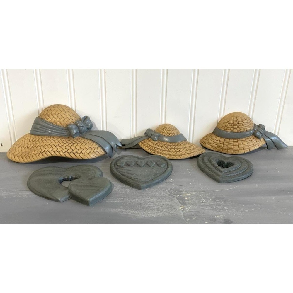 Vintage Burwood Plastic 3 Straw Hats & 3 Hearts Wall Art Cottage Blue Bow MCM